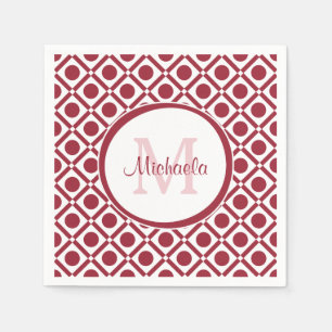 Modern Red and White Geometric Monogram och Namn Pappersservett