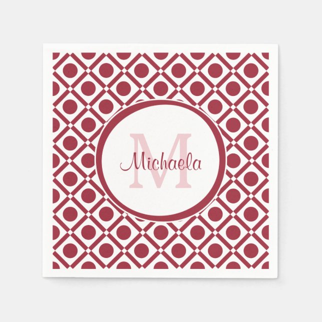 Modern Red and White Geometric Monogram och Namn Pappersservett (Framsidan)