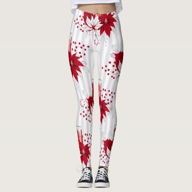 Modern Red and White Poinsettia Flower Leggings (Framsida)