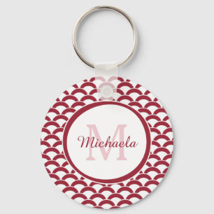 Modern Red and White Scallops Monogram och Namn Nyckelring