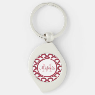 Modern Red and White Scallops Monogram och Namn Swirl Silverfärgad Nyckelring
