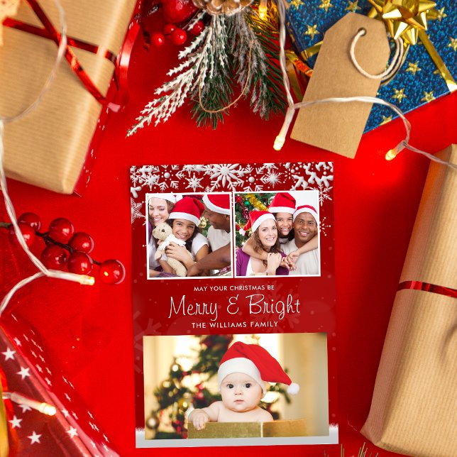 Modern Red and White Snowflake Anpassningsbar Tre  Julkort (Skapare uppladdad)