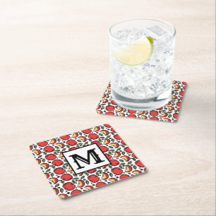 Modern Red Apple Mönster Monogram Underlägg Papper Kvadrat