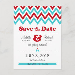 Modern Red Aqua Chevron & Lovebird Spara datum Meddelande Vykort