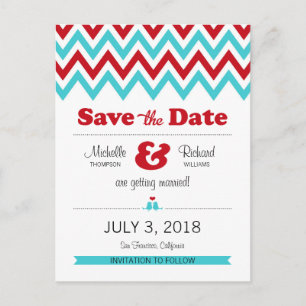 Modern Red Aqua Chevron & Lovebird Spara datum Meddelande Vykort