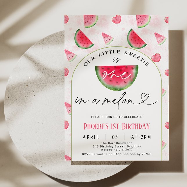 Modern Red Arch en i Melon 1:a födelsedagen Inbjudningar (Modern One In A Melon 1st Birthday Invitation Template, Watermelon Themed First Birthday Invitation)