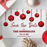 Modern Red Bauble jul Party Spara datum Meddelande Vykort<br><div class="desc">Snyggt-julmas,  spara datum meddelande-kort,  med vintern vit bakgrund,  röda bubblor,  sträng ljus och en klassisk,  redigerbar mall som är lätt personlig.</div>