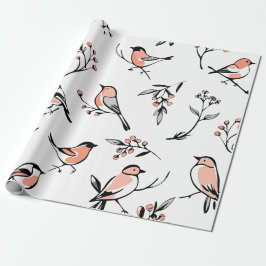 Modern Red Berry Helgdagars Bird Wrapping Papper Presentpapper