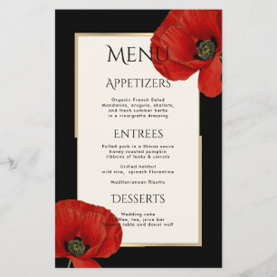 Modern Red Black Blommigt 3 Course Bröllop Menu