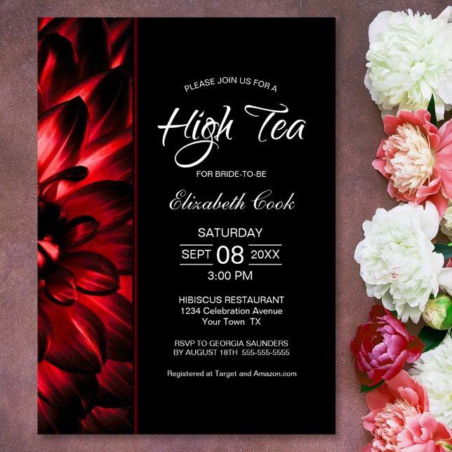 Modern Red Black Blommigt High Tea Möhippa Inbjudningar (Skapare uppladdad)