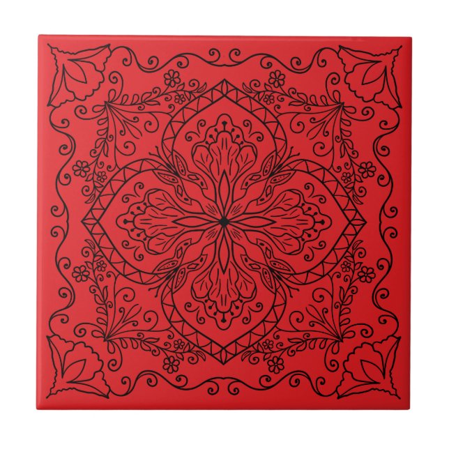 Modern Red Black Flowers Butterfly Decorative Kakelplatta (Framsidan)