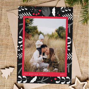 Modern Red Black Folk Blommigt Photo jul Card Julkort