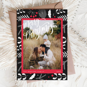 Modern Red Black Folk Blommigt Photo jul Card Julkort