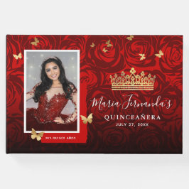 Modern Red Black Guld Elegant Photo Quinceanera Gästböcker