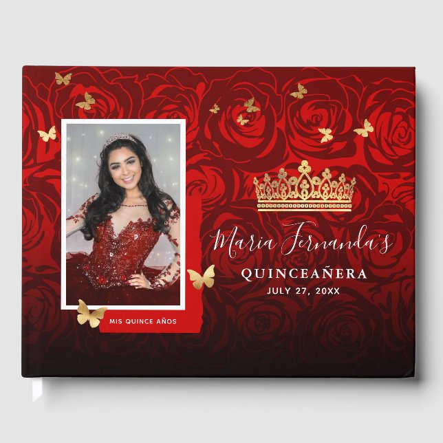 Modern Red Black Guld Elegant Photo Quinceanera Gästböcker (Framsida)