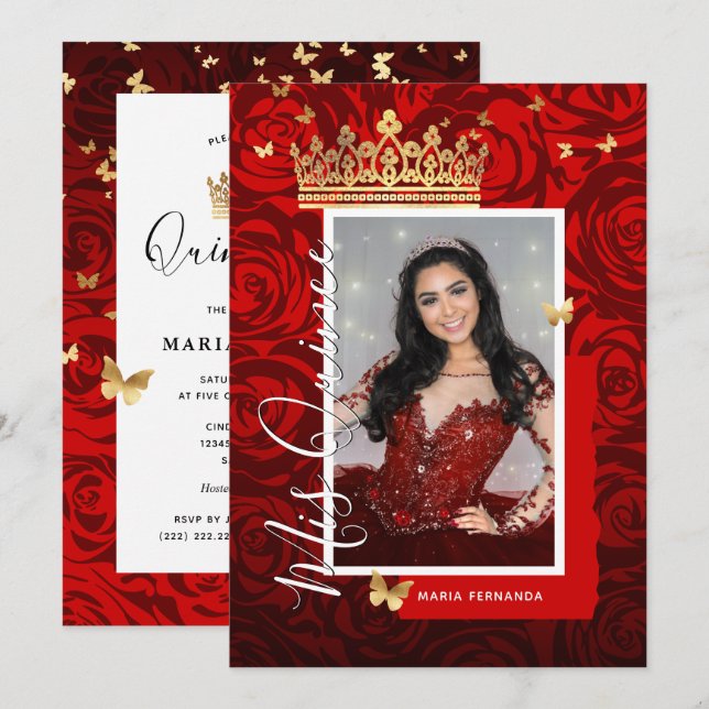 Modern Red Black Guld Elegant Photo Quinceanera Inbjudningar (Fram/baksida)