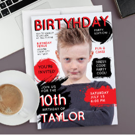 Modern Red Black Magazine Cover Fashion Newspaper Inbjudningar