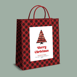 Modern red black plaid Christmas bag editable text