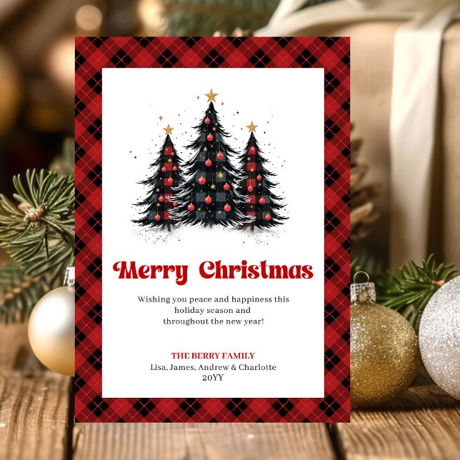 Modern Red Black Plaid Christmas Greeting Julkort (Modern Red Black Plaid Christmas Greeting Holiday Card)