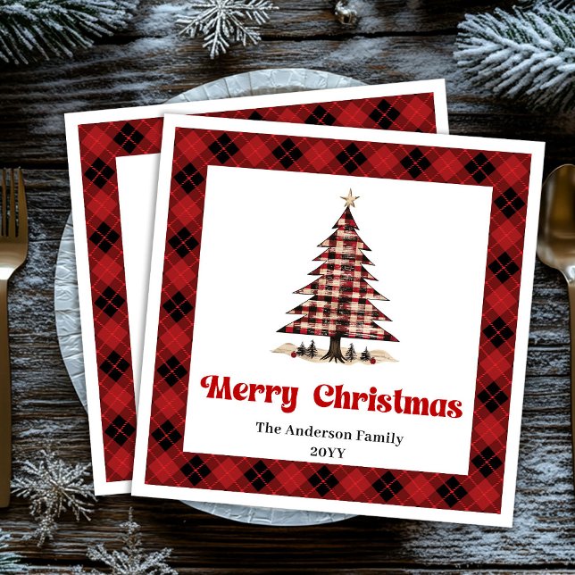 Modern Red Black Plaid Tree Christmas Napkins Pappersservett (Modern Red Black Plaid Tree Christmas Napkin)