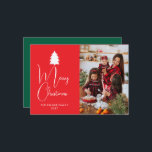 Modern Red Block Signature Merry Christmas Photo Julkort<br><div class="desc">Celebrate the season with this bold and modern Christmas design featuring a vibrant red color block and elegant signature typography. The clean minimalist layout perfectly frames your family photo,  creating a sophisticated and joyful greeting for all your loved ones.</div>