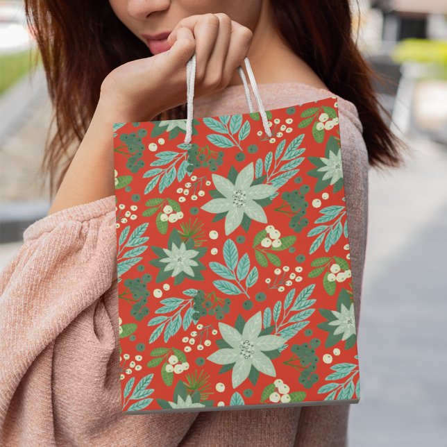 Modern Red Blommigt God jul (Modern Bold Red Floral Merry Christmas Medium Gift Bag)