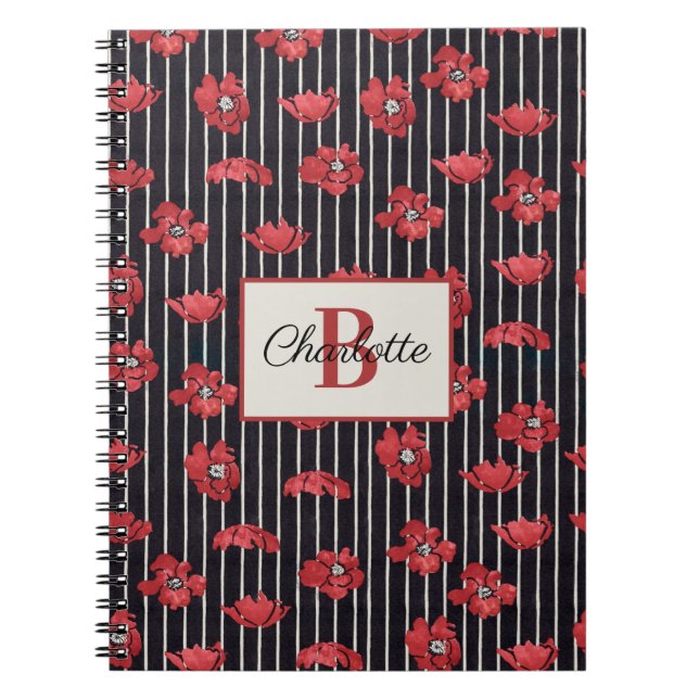 Modern Red Blommigt Monogram Spiral-fotbok för bär Anteckningsbok (Framsidan)