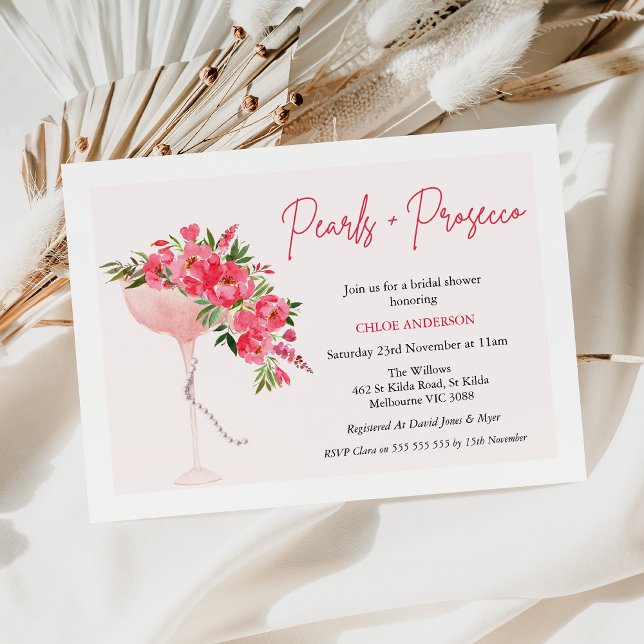 Modern Red Blommigt Pearls Prosecco Möhippa Inbjudningar (Modern Red Floral Pearl and Prosecco Bridal Shower Invitation, Pearls Prosecco Invitation Template)