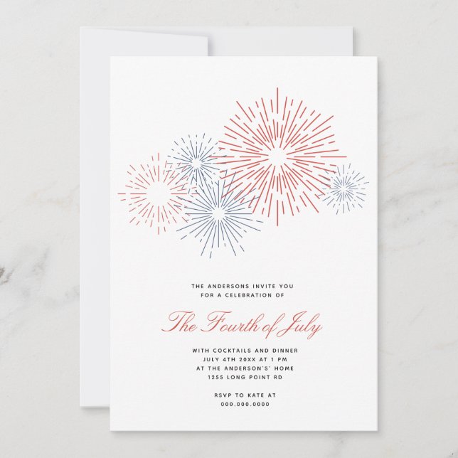 Modern Red & Blue Fireworks 4:e juli Party BBQ Inbjudningar (Framsida)