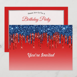 Modern Red Blue Glitter Drives Birthday Inbjudningar
