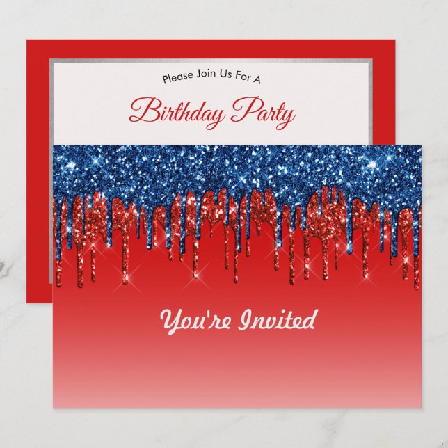 Modern Red Blue Glitter Drives Birthday Inbjudningar (Fram/baksida)