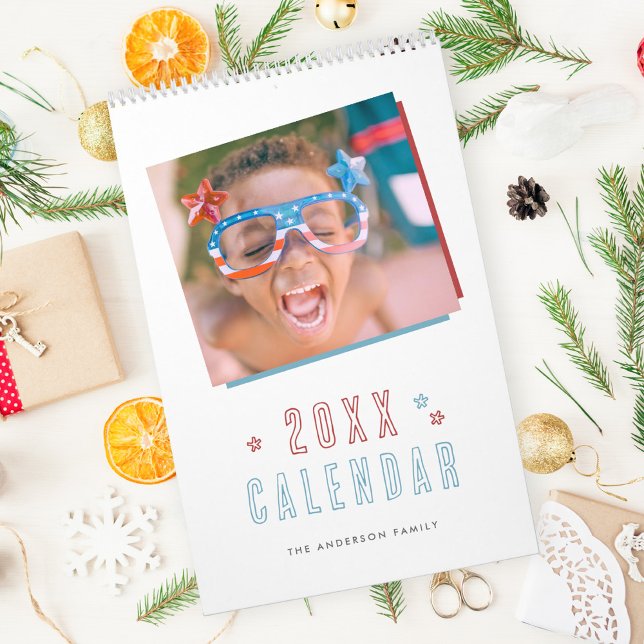 Modern Red & Blue Hand-draw-familjfoto Kalender (Skapare uppladdad)