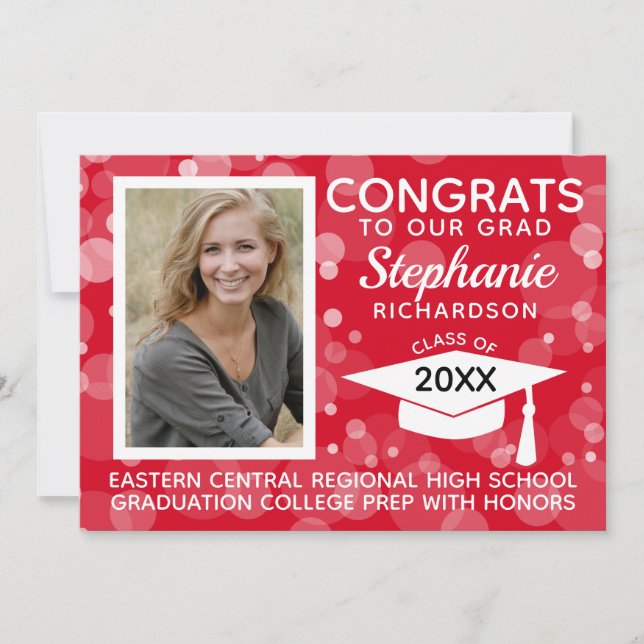 Modern Red Bokeh Bubbles Photo Studenten Inbjudningar (Framsida)