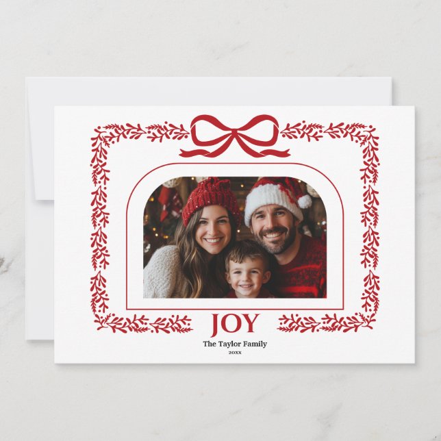 Modern Red Bow Joy Jul Ribbon Photo Ram Inbjudningar (Framsida)