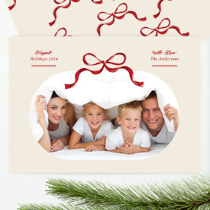 Modern Red Bow Oval Photo Happiest Julkort
