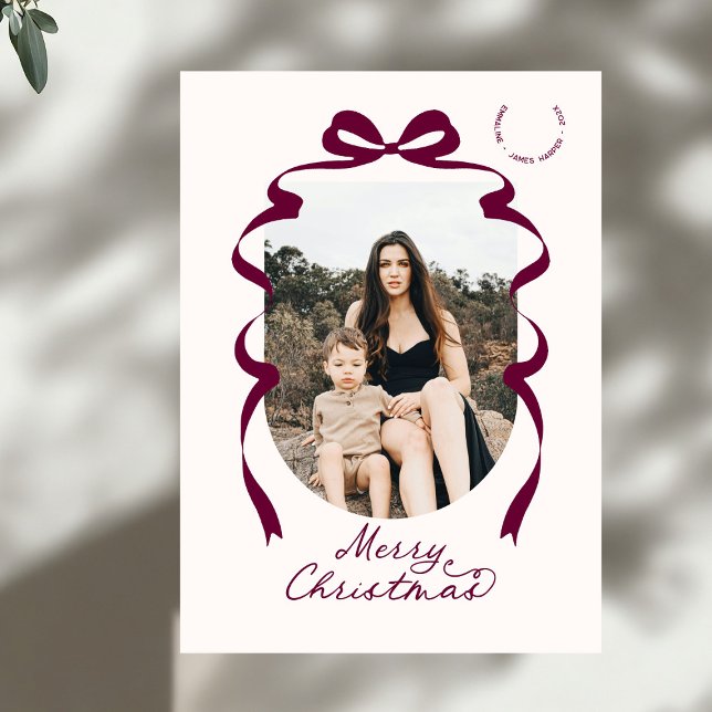 Modern Red Bow Photo God jul Arch Julkort (Skapare uppladdad)