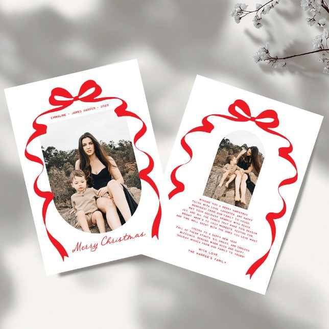 Modern Red Bow Photo God jul Arch Julkort (Skapare uppladdad)