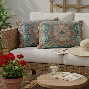 Modern Red Brown Beige Teal Blue Kaleidoskop Lumbarkudde