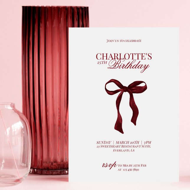 Modern Red Burgundy Bow Birthday Invitation Inbjudningar (Skapare uppladdad)