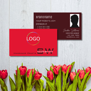 Modern Red Burgundy med Monogram Logotyp och foto Visitkort