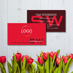 Modern Red Burgundy med Monogram och enkel Logotyp Visitkort