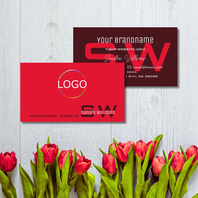 Modern Red Burgundy med Monogram och enkel Logotyp Visitkort (Skapare uppladdad)