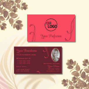 Modern Red Burgundy Ornate med Logotyp och foto Visitkort