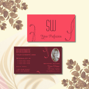 Modern Red Burgundy Ornate med Monogram och Photo Visitkort