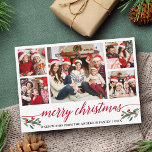 Modern Red Calligraphy 5 Photo Family-jul Julkort<br><div class="desc">Modern Calligraphy Script 5 Photo Family Photo Collage God jul Card innehåller Watercolor jul Holly Berries - Red Script</div>
