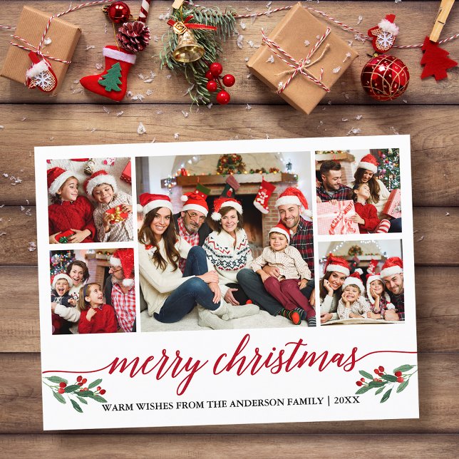 Modern Red Calligraphy 5 Photo Family-jul Vykort (Customize to change your personalized text size or text style.)