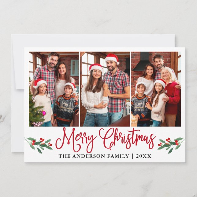 Modern Red Calligraphy jul Holly 3 Photo Julkort (Framsida)