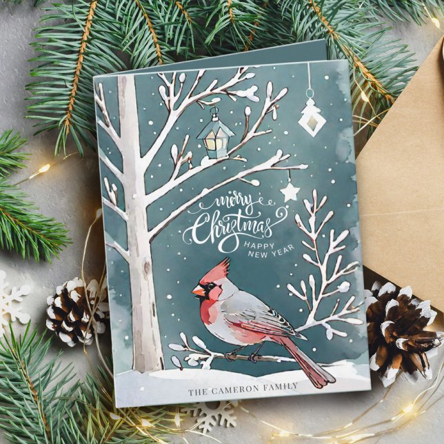 Modern Red Cardinal Winter Ligg jul Kort (Modern Red Cardinal Winter Landscape Christmas Card)