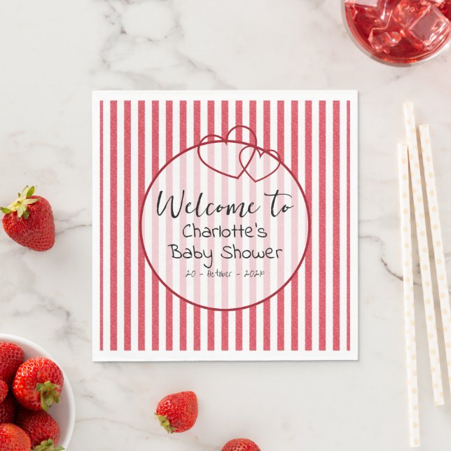 Modern Red Chalk Stripes Double Hearts Baby Shower Pappersservett (Insitu)