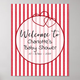 Modern Red Chalk Stripes Double Hearts Baby Shower Poster